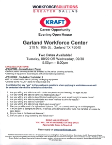 Kraft Career Opportunity Event 9.29.15  9.30.15 Garland TX